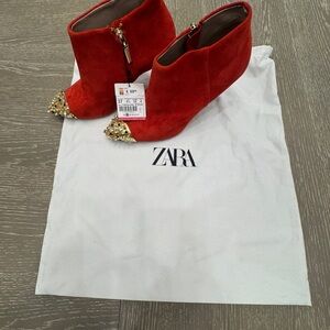 Zara Red Suede Ankle Boots with Gold Studded Toes